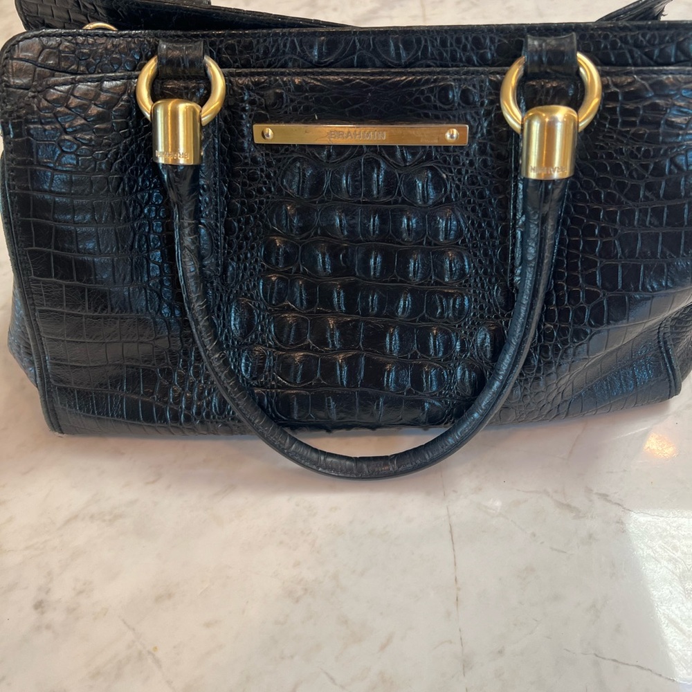 Brahmin Black Crocodile Embossed Satchel with Gold Accents